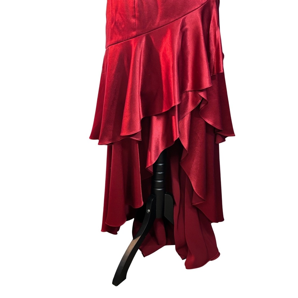 Alice + Olivia Ruby Red Satin Strapless High-Low Ruffle Gown Dress Size‎ 4 - Picture 4 of 16